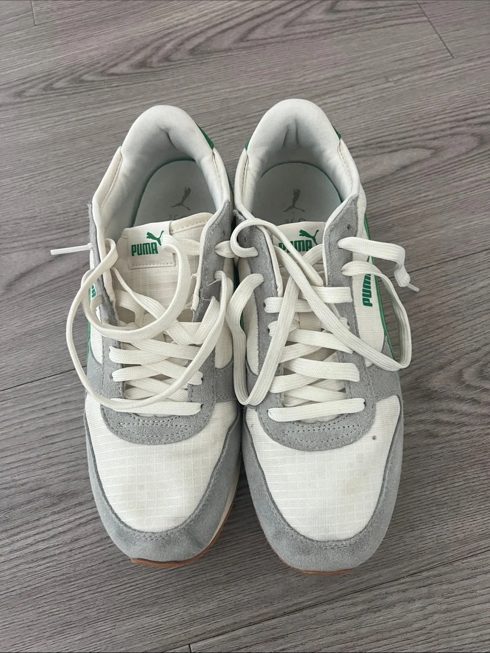 Puma White, Gray & Green Retro Running Sneakers
